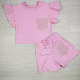 Ruffle Sleeve & bling Summer Set - roze