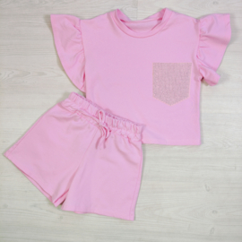 Ruffle Sleeve & bling Summer Set - roze