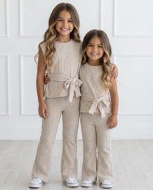 Textured Tie Waist Set - beige