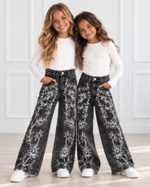Floral Stitch Wide Leg Jeans – Zwart