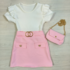 Belted & ruffled dress & bag - roze