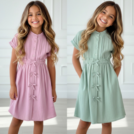 Sweet Bow Button Dress - roze en groen