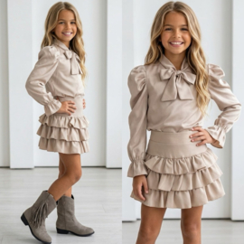 Elegant Bow Ruffle Set - beige 