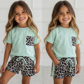 Leopard Pocket Girls Summer Set - mint