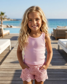 Rib Tank Lace Shorts Set - roze