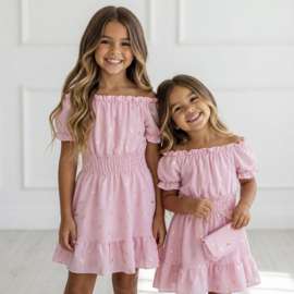 Luxury Leaf Print Summer Dress & bag - roze