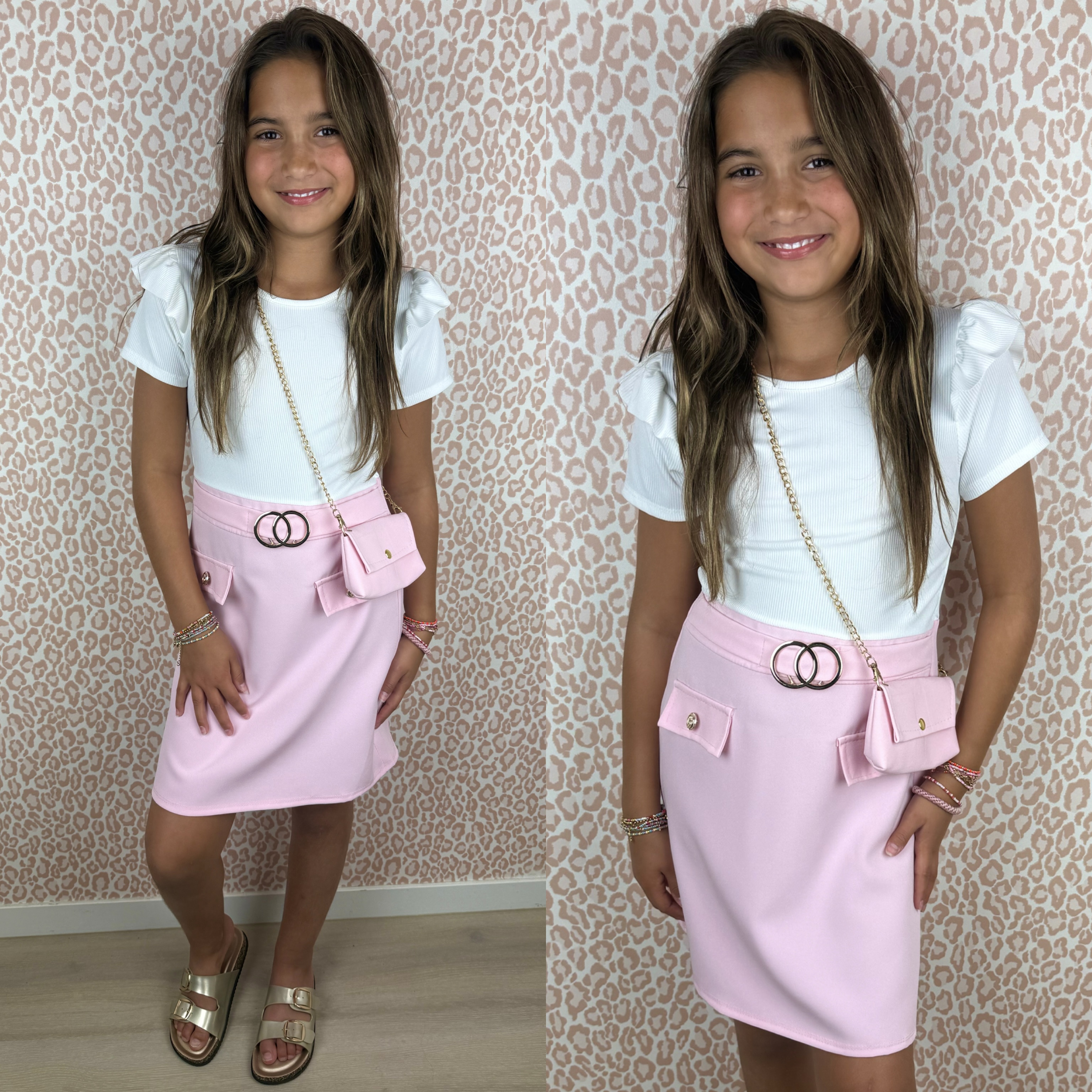 Belted & ruffled dress & bag - roze
