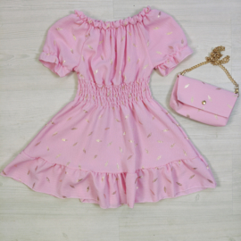 Luxury Leaf Print Summer Dress & bag - roze