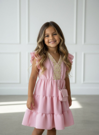 Golden Lace Tiered Dress - roze of geel