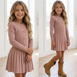 Golden Button Knit Dress - beige