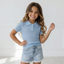 Lace Knit Polo Top - blauw
