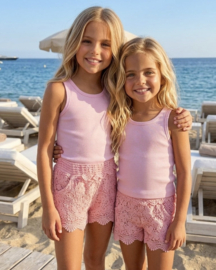Rib Tank Lace Shorts Set - roze