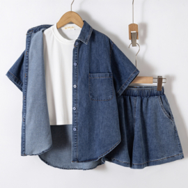 Denim shirt & short set - donkerblauw