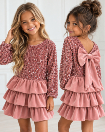 Velvet Bow layered dress - roze (verzenddatum 9 okt)