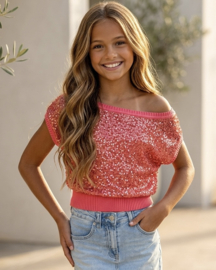 Sparkle Sequin Knit Top - coral