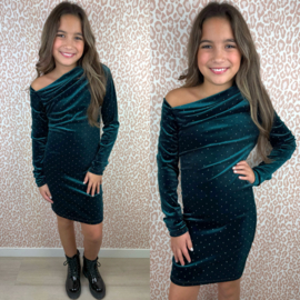 Off shoulder blingy dress - donkergroen