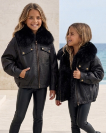 Classic leather & fur jacket - zwart