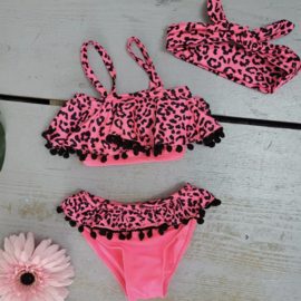 Leopard & PomPom bikini - Fuchsia