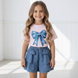 Bow Denim Ruffle Set - roze