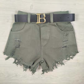 Green distressed belted short