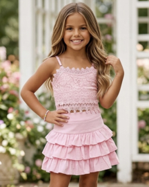 Lace & Ruffle Girls Set - roze