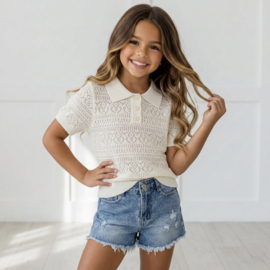 Lace Knit Polo Top - wit