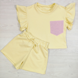 Ruffle Sleeve & bling Summer Set - geel