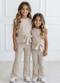 Textured Tie Waist Set - beige