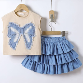 Denim bow & layered skirt set - beige