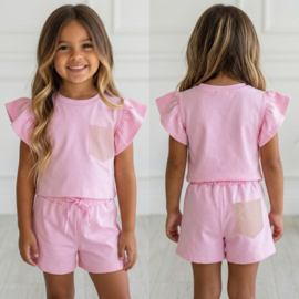Ruffle Sleeve & bling Summer Set - roze