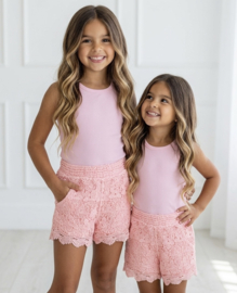 Rib Tank Lace Shorts Set - roze