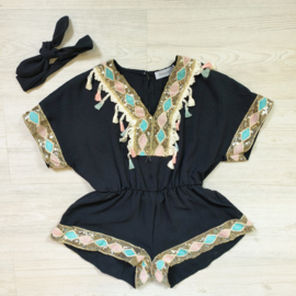 Glitter & tassel playsuit & headband - zwart