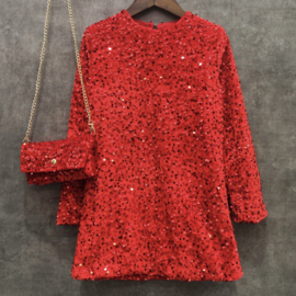 Glitterjurk met tasje - rood