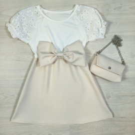 Bow & broderie dress - beige