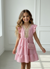 Golden Lace Tiered Dress - roze of geel