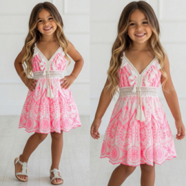 Spaghetti Embroidered Tassel Dress - roze