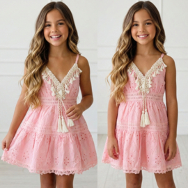 Spaghetti Boho Shell Lace Dress - roze