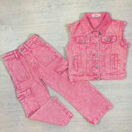 So tough denim gilet set -  roze