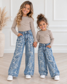 Floral Stitch Wide Leg Jeans – Blauw
