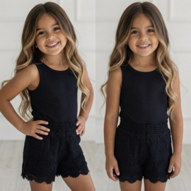 Rib Tank Lace Shorts Set - zwart