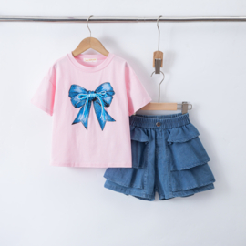 Bow Denim Ruffle Set - roze