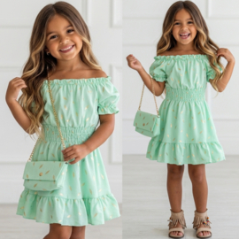 Luxury Leaf Print Summer Dress & bag - mint