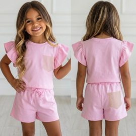 Ruffle Sleeve & bling Summer Set - roze