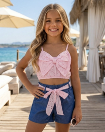 Boho Bow Denim Set - roze