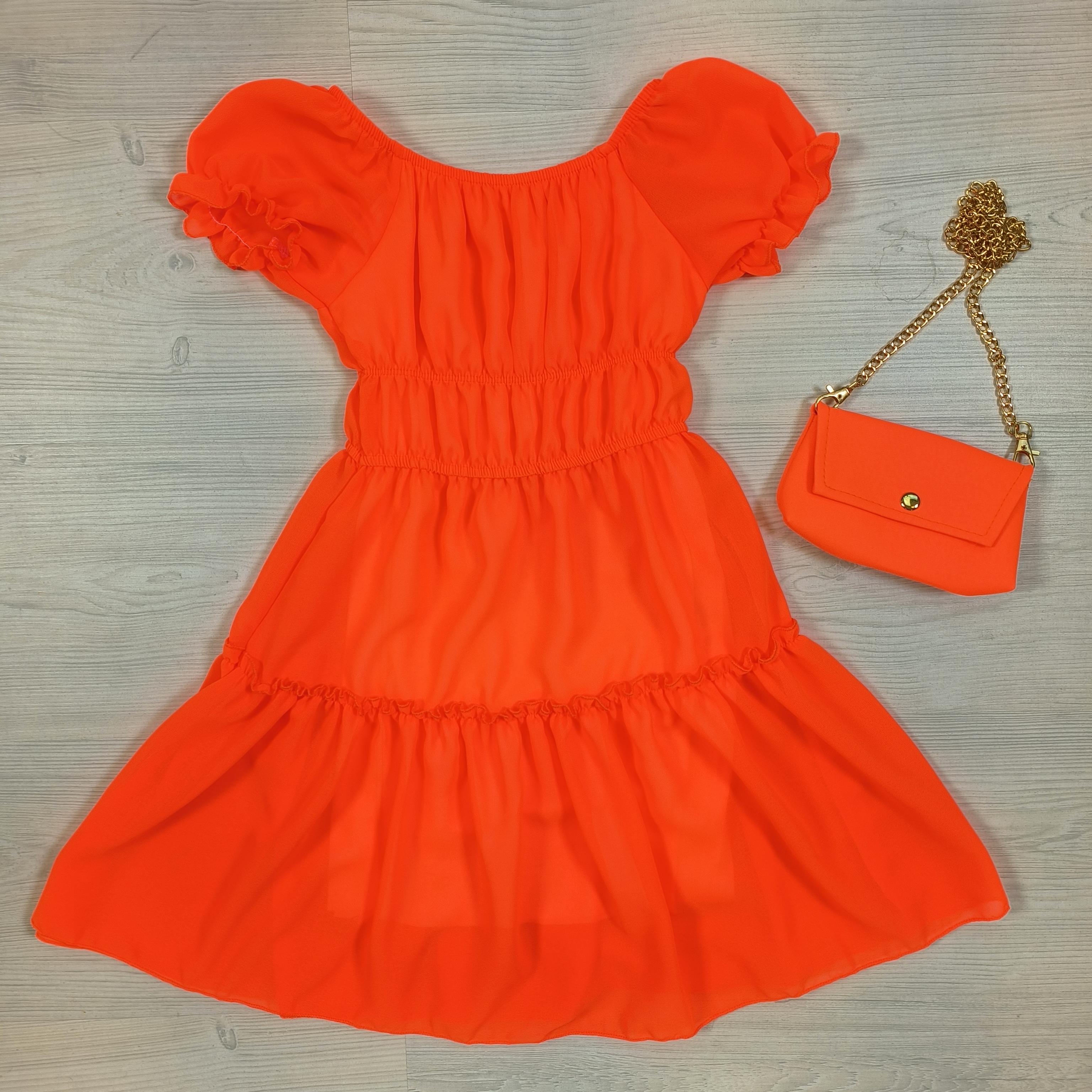All orange dress + bag