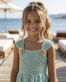 Golden Blossom Crochet Dress - mint