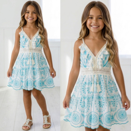 Spaghetti Embroidered Tassel Dress - blauw