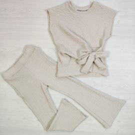 Textured Tie Waist Set - beige