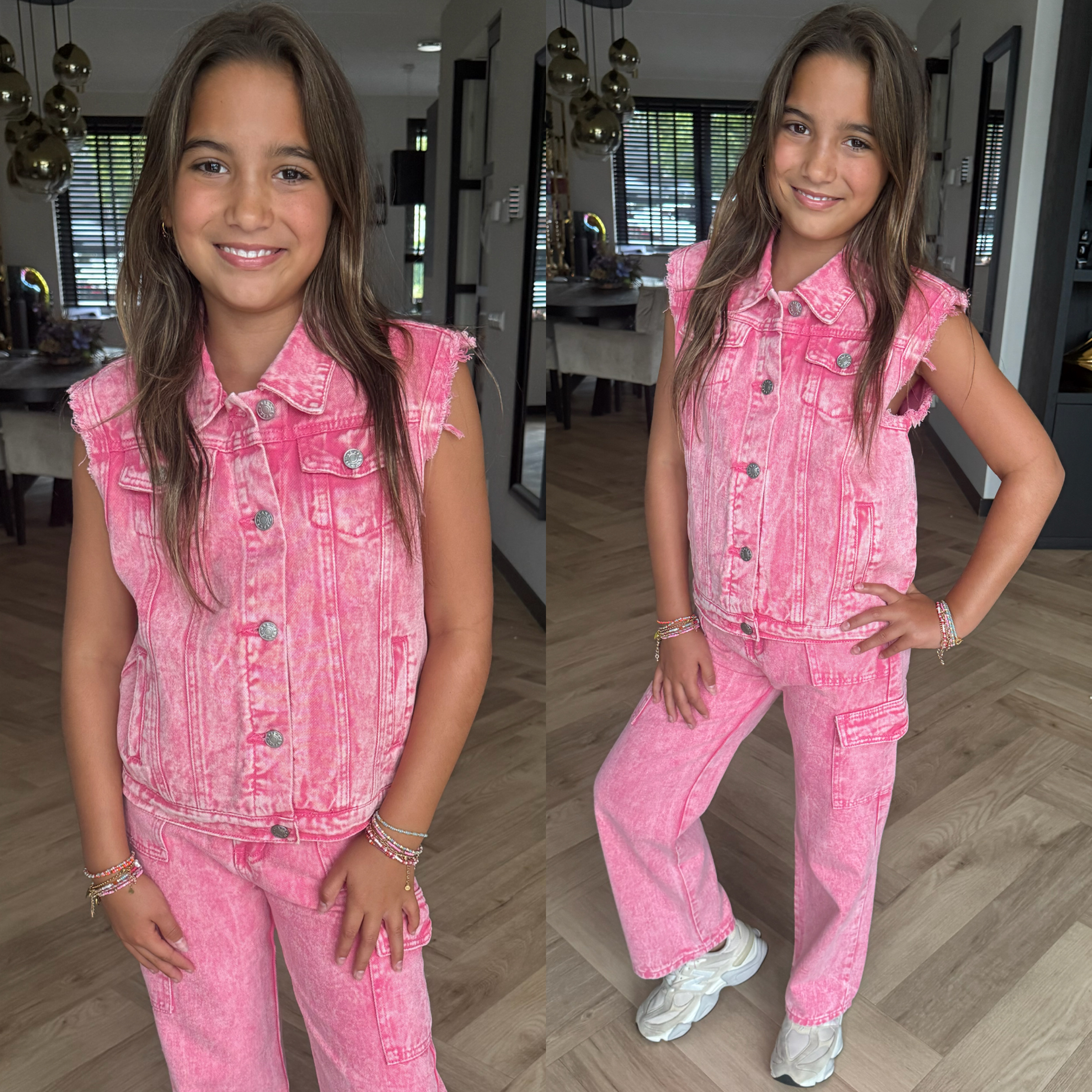 So tough denim gilet set -  roze