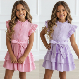 Sweet Ruffle Tie Dress - roze of paars (verzenddatum 24 apr)